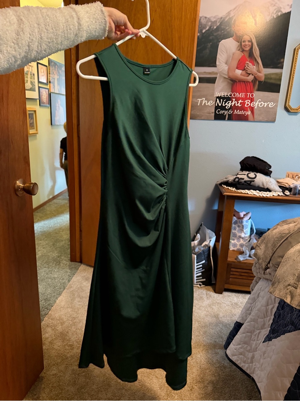 Sleeveless Emerald Green Ruched Midi Dress